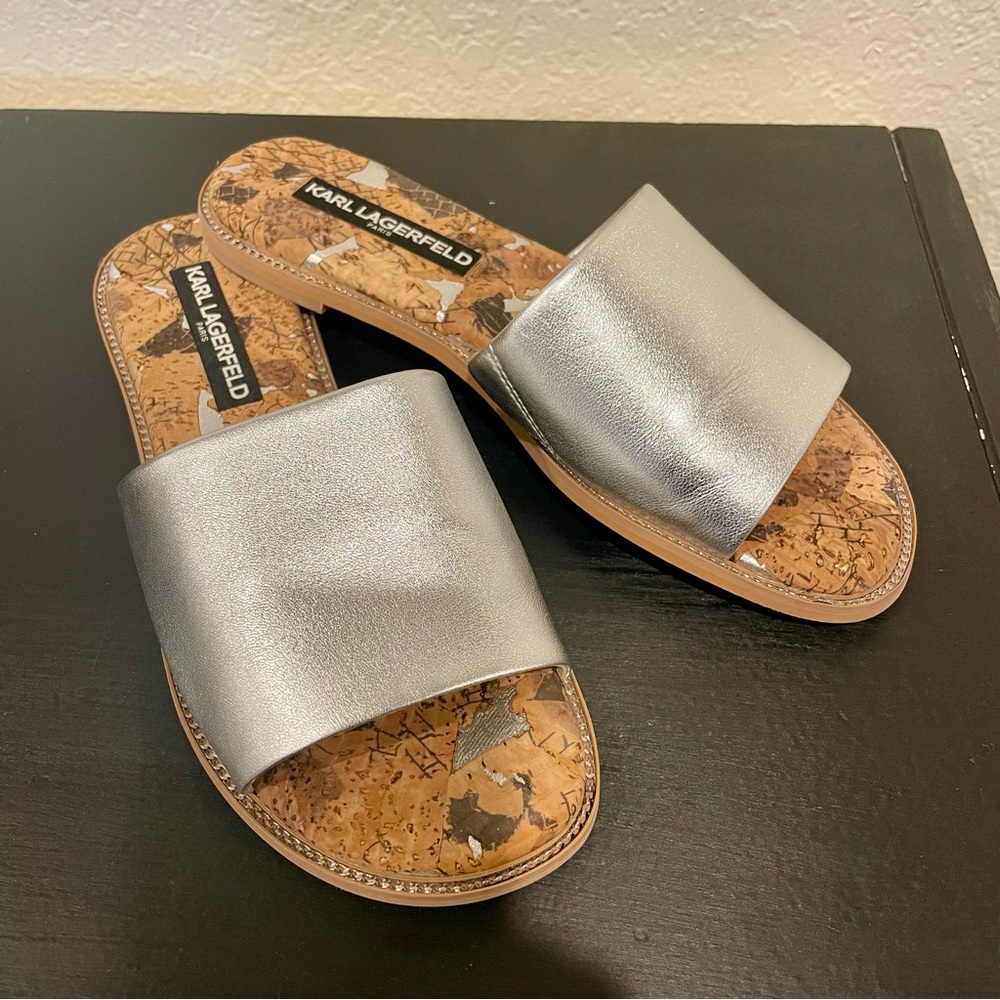 Karl Lagerfeld Metallic Silver Slide Sandals